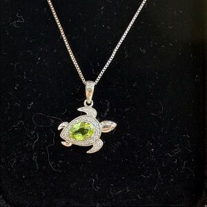 Silver Turtle Pendant Necklace with Green Gemstone
